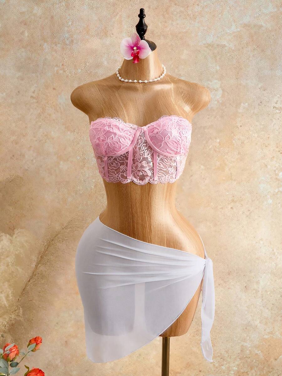 Femesol 女款素色蕾絲無肩帶骨架短版抹胸上衣 - 淺粉色 - 查看 1