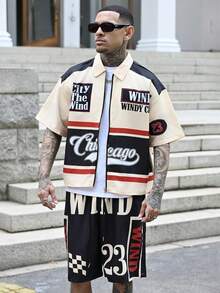 Devon Thys Manfinity Streetrush Men's Contrast Color Letter Print Zip-Up Shirt And Drawstring Shorts 2-Piece Set - Multicolor - View 4