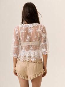 Willow Rêve 女款透視刺繡網紗蕾絲荷葉邊短版上衣，中袖 - 白色 - 查看 4