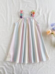 SHEIN Vintaside Kids 女童多色條紋細肩帶洋裝，夏季新款清新馬卡龍配色洋裝，嬰幼童可愛碎花肩帶無袖公主裙 - 彩色 - 查看 2
