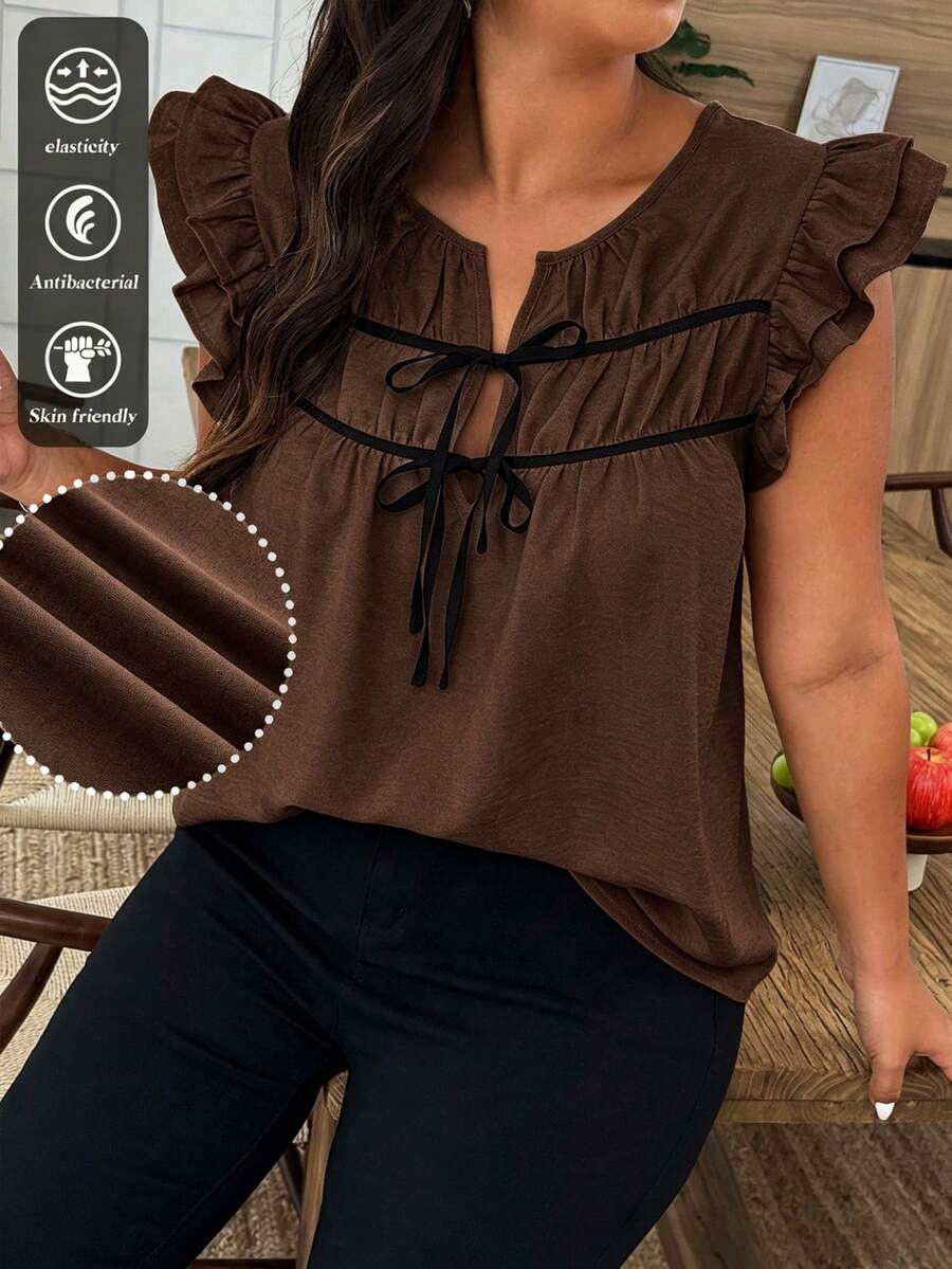 Weeklong Plus Size Women Bowknot Faux Linen Cap Sleeve Blouse - Mocha Brown - View 1