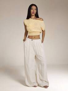 SHEIN PETITE Áo dệt kim nữ màu trơn, kiểu dáng lệch vai, thích hợp cho kỳ nghỉ hè, nghỉ xuân, dự tiệc, đi biển, mùa xuân, ngày Valentine, kỳ nghỉ nhiệt đới, trang phục Bohemian, trang phục Ibiza, phong cách phương Tây. - Màu vàng - Xem 5