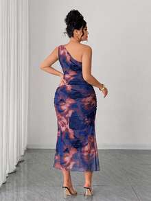 Elenzga Plus Size Mesh Printed Asymmetric Shoulder Dress - Multicolor - View 2