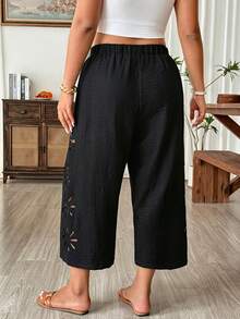 Weeklong Plus Size Summer Casual Elegant Solid Color Textured Hollow Elastic Waist Pants Vacation Black - Black - View 2