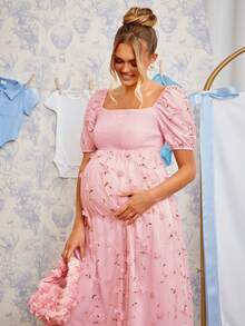 Loomaby Vestido elegante de maternidad con cuello cuadrado, decoración de flor 3D y manga corta - Rosa - Ver 10