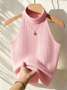 SuriyaCove Camiseta de tirantes ajustada de unicolor acanalada para mujer - Rosa - Ver 1