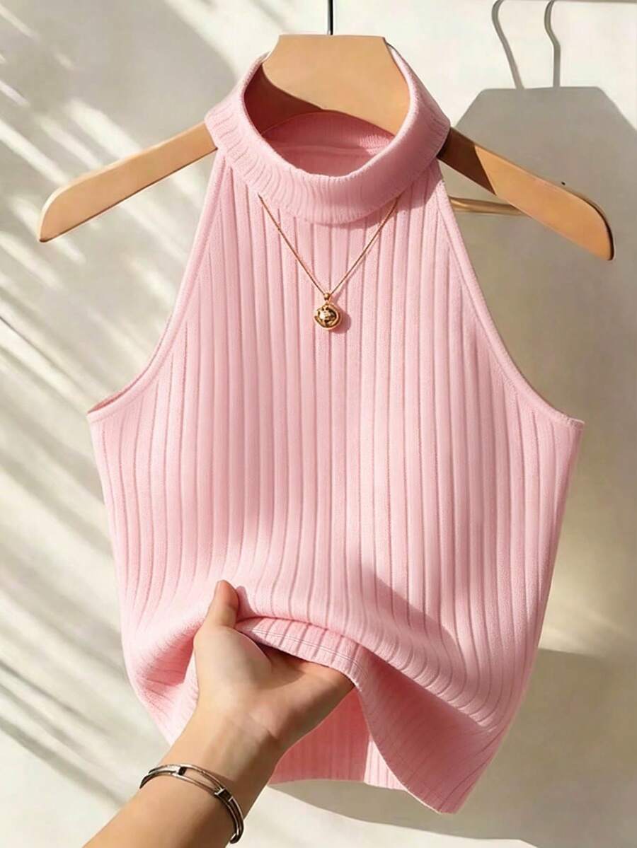 SuriyaCove Camiseta de tirantes ajustada de unicolor acanalada para mujer - Rosa - Ver 1