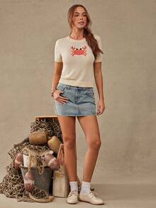 WESTFADE Crab Intarsia Crewneck Contrast Stitch Short Sleeve Relaxed Fit Knit Top Summer, Vacation, Casual Cute, Beach Vacation, Country Coral - Multicolor - View 3