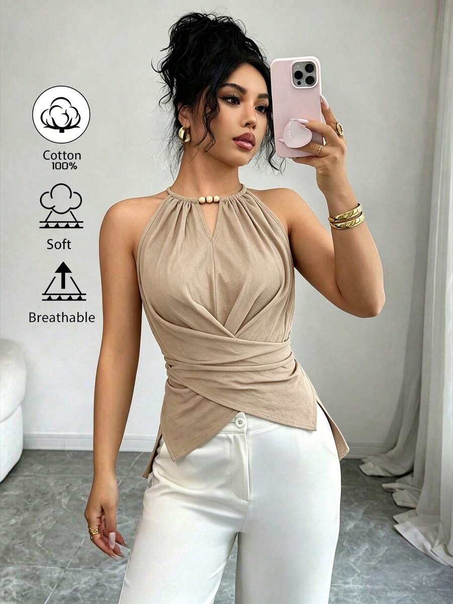 Elenzga 1件女款春夏純棉木珠掛脖V領交叉腰不對稱下擺修身休閒上衣 - 卡其色 - 查看 1