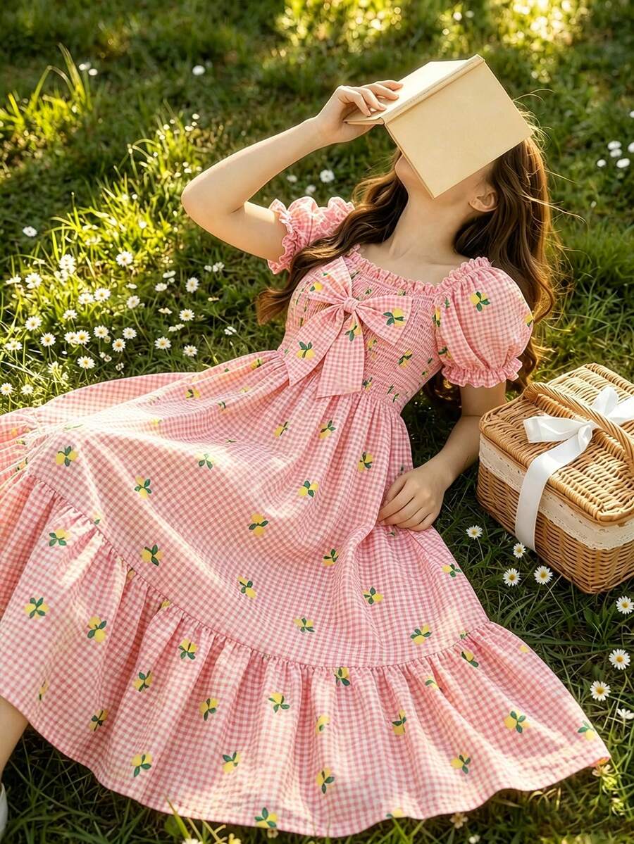 SHEIN 青少年女孩花卉滿版印花無袖洋裝 - 粉色 - 查看 1