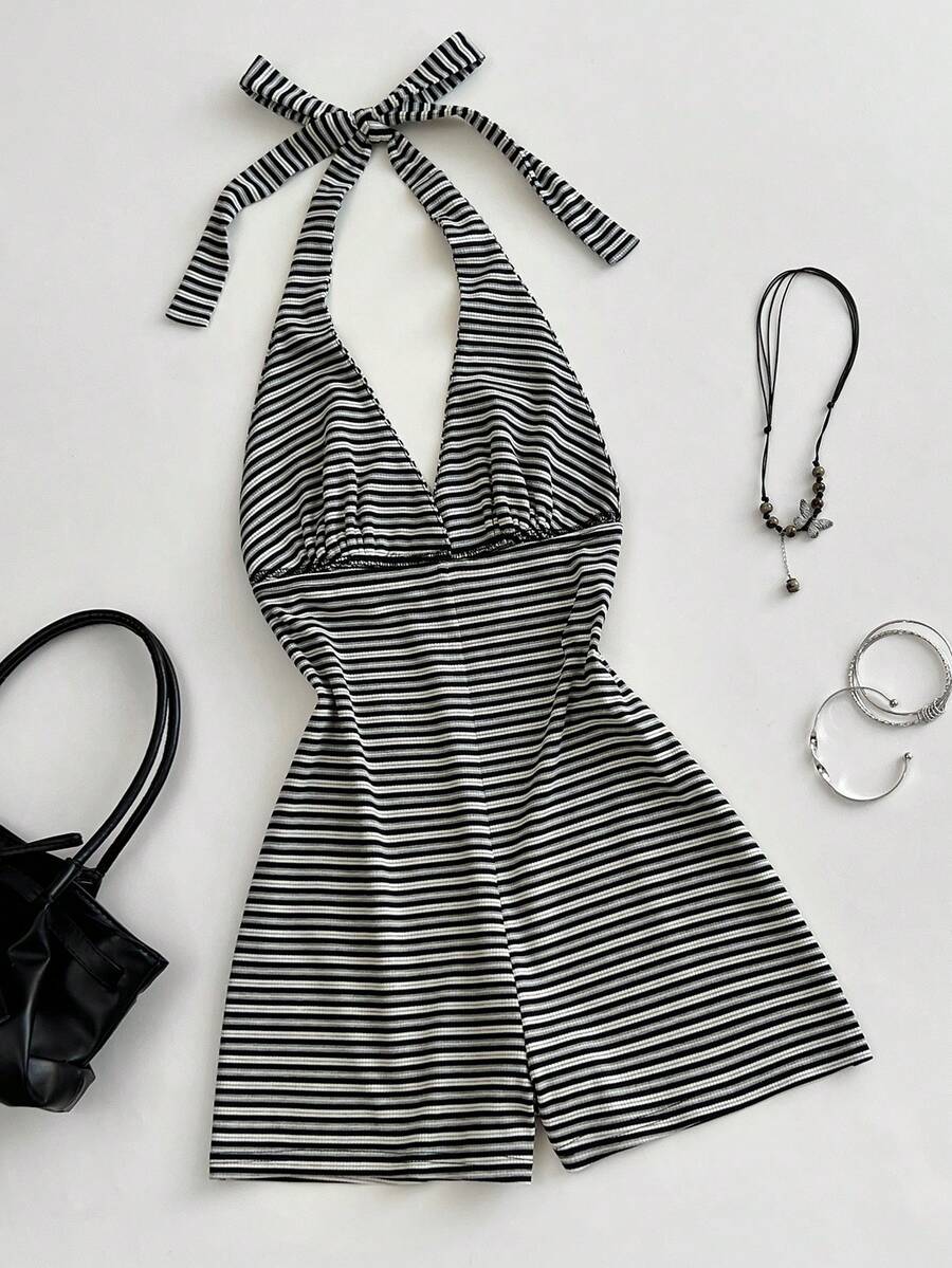 SHEIN Unity 夏季性感條紋貼身掛脖綁帶針織連身褲女款 - 黑與白 - 查看 1