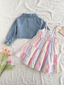 SHEIN Vintaside Kids 女嬰春夏領口長袖時尚短版上衣搭配細肩帶背心，優雅可愛日系風畢業禮服，淺藍粉色條紋 - 彩色 - 查看 3