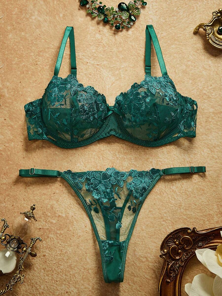 PinupPomp 2 piezas Conjunto de lencería de mujer con bordado de malla - Verde Oscuro - Ver 1