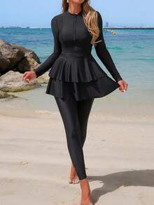 Swim Mulvari Bộ Burkini nữ màu trơn, áo tay dài có khóa kéo, gấu bèo nhún và quần dài, phong cách thường ngày - màu đen - Xem 3