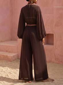 Zivah 女款度假純色前打結和服上衣與長褲套裝 - 棕色 - 查看 3