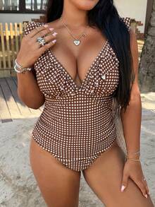 Swim Vcay 2026 New Women's Plus Size One-Piece Ruffle Hem Coffee Color Small Check V-Neck Design Waist Gathered Tummy Control Slimming Triangle Bottom Swimsuit - Coffee Brown - View 5