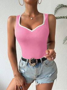 Chiquease Contrast Color Heart Collar Sleeveless Fitted Tank Top Golf White Summer Sexy - Pink - View 5