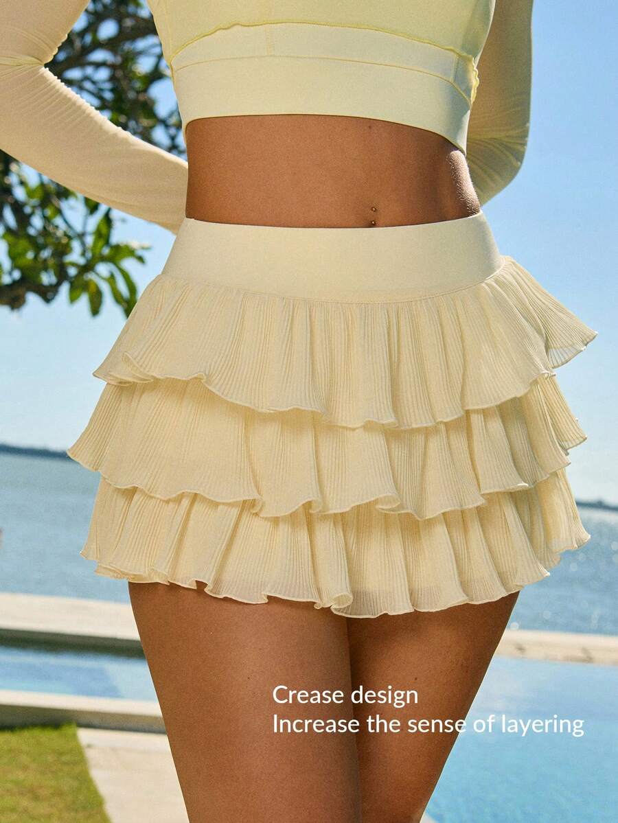 Fluxe Women's Vacation Multilayer Ruffle Hem Cute Cake Mini Skirt Perfect Airport Outfit Suitable For Tennis Yoga Studio Pilates Daily Wear Cute Summer Outfits Festival Outfits Beach Outfits Sea Going Out Outfits Women's Gym Clothes Gym Female Gym Set Casual Sets Holiday Outfits Vacation Sportswear Workout Sets Yellow Skirt