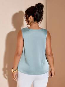 Cravure Plus Size Elegant Dusty Blue Summer Satin Draped Cowl Neck Tank Top For Women,Silk Feel Festa Party Blouse,Sleeveless Chic Workwear Fashion Clothing - Mint Green - View 2