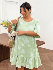 Lounesse Plus Size Women Casual Cute Floral Print Dress With Bow Tie Back Design Vacation Light Green Summer - Multicolor - View 5