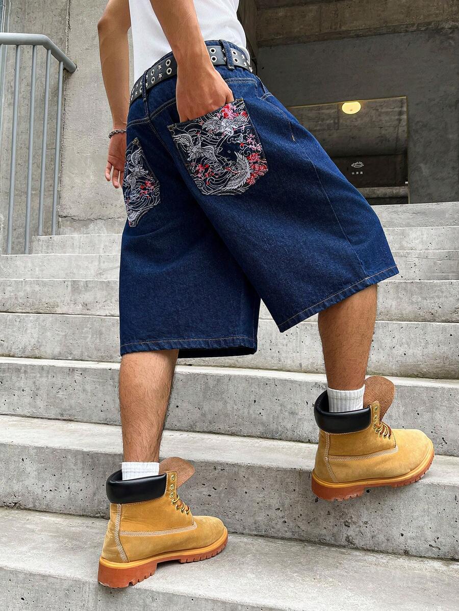 GALLERY FADE 男士街頭風休閒刺繡藍色牛仔短褲,度假款 - 深色水洗藍 - 查看 1