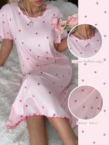 CottageSlumber Rosa geripptes lockeres Kurzarm-Nachthemd mit Saum und Herzmuster für Damen - Pink - Übersicht 2