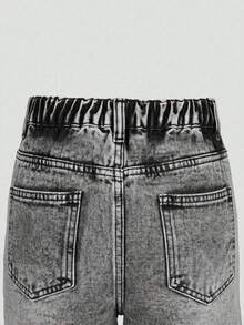 SHEIN 女童牛仔短褲 Y2K 夏季新品，彈性腰帶復古磨損牛仔色，百搭日常穿搭，寬鬆寬腿灰色及膝牛仔短褲，舒適棉質牛仔，適合學校、度假、日常通勤、居家、戶外等多種場合 - 灰色 - 查看 4