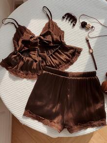 Comfortcana Women's Vintage Cute Solid Color Contrast Lace Camisole And Shorts 2-Piece Set, Casual Vacation Lounge Shades Of Brown Summer - Brown - View 6