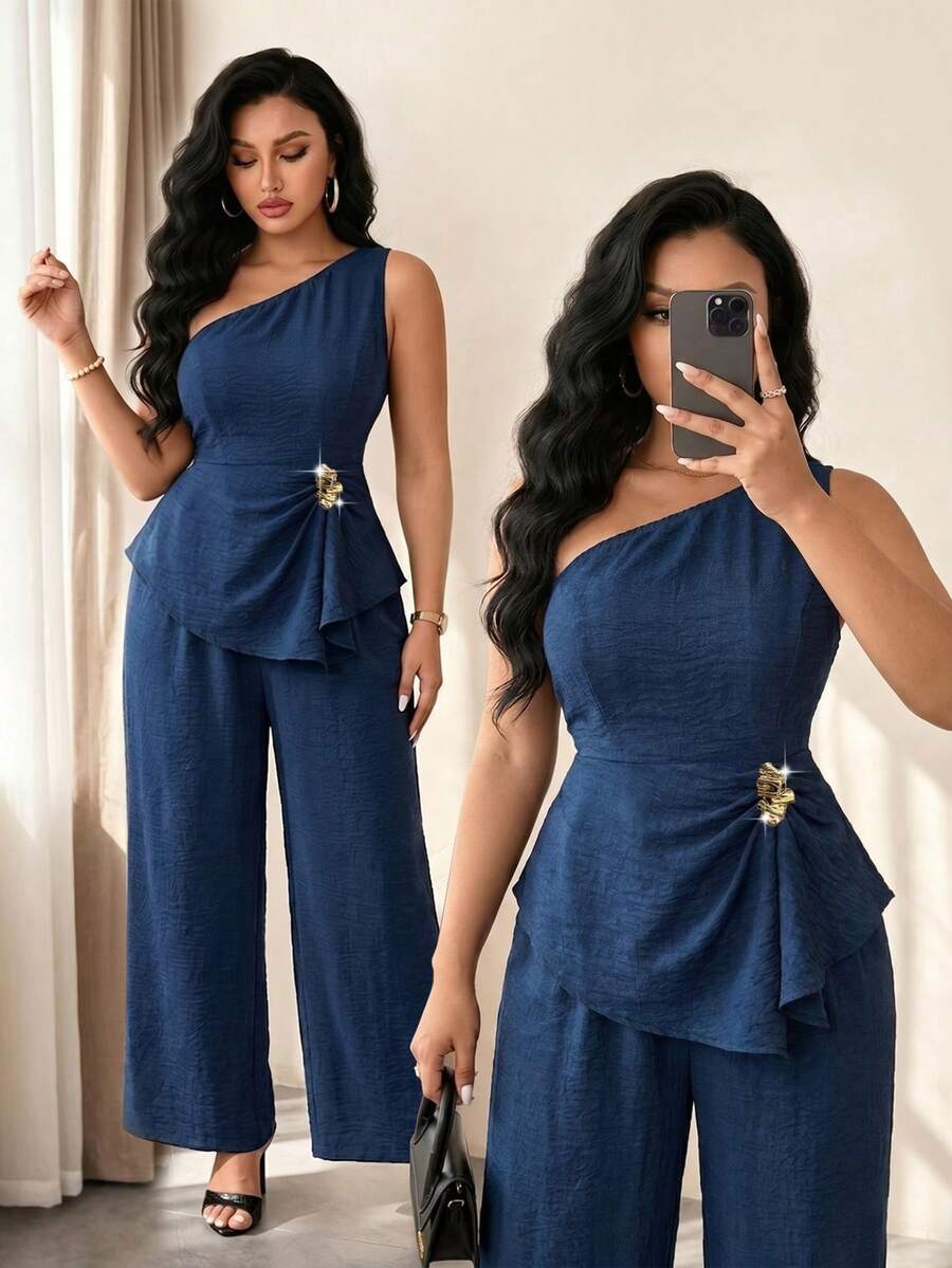 Elenzga Bộ đồ nữ cỡ lớn thanh lịch gồm áo chữ A và quần ống rộng, thiết kế lệch vai, thắt eo, thích hợp cho mùa hè. - Màu xanh lam - Xem 1