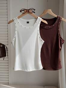 Comfortcana Áo ba lỗ nữ thường ngày đính hạt trang trí, mùa hè - Nhiều màu - Xem 8