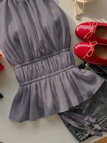 SHEIN EZwear 女士褶皱吊带露背性感吊带背心，春夏款 - 灰色 - 查看 3