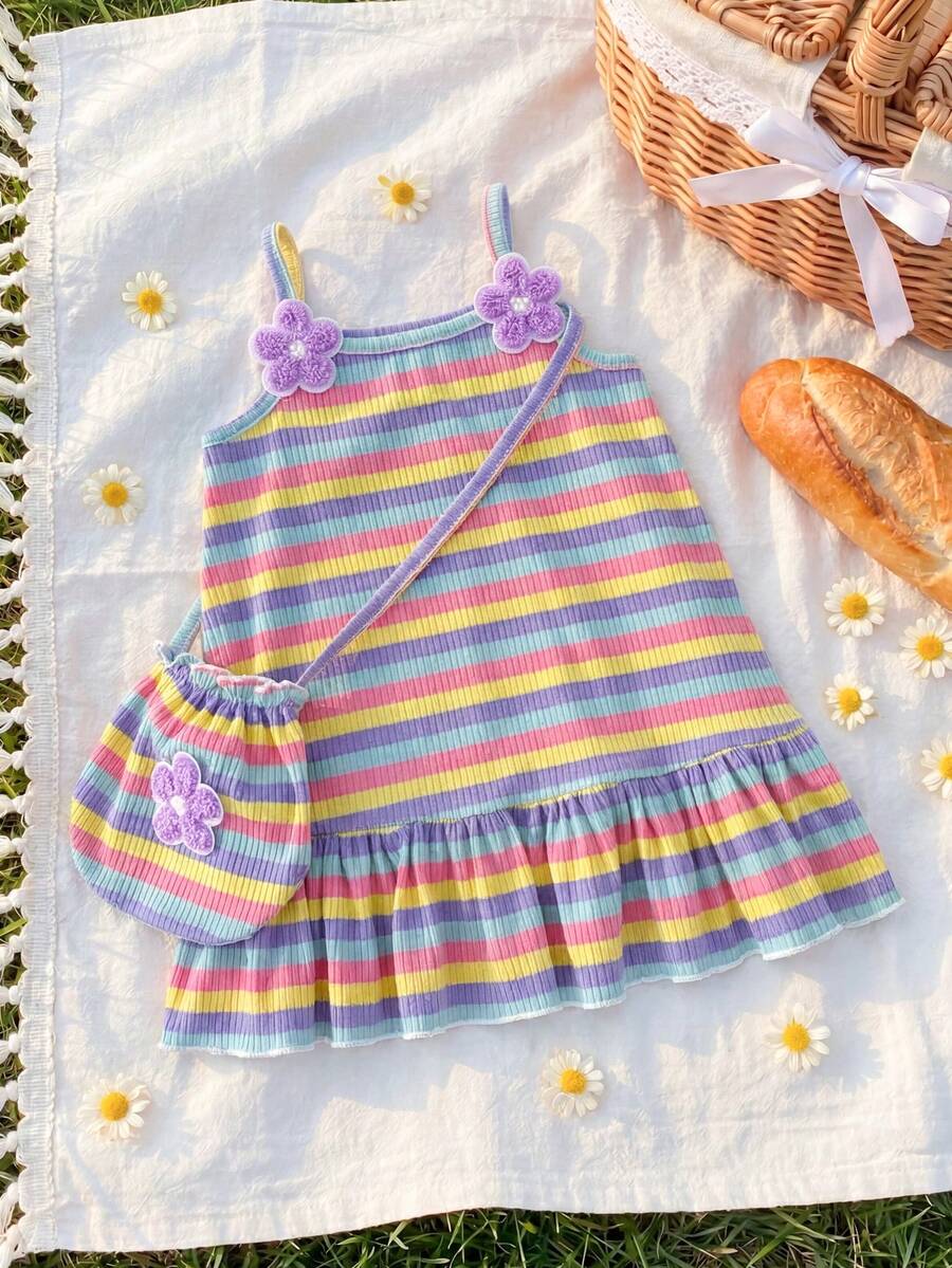 SHEIN Playful Pals 1件女嬰彩虹條紋針織柔軟面料洋裝,飾有花卉刺繡貼布,可愛休閒甜美細肩帶迷你洋裝,附斜背包,適合夏季日常出遊、旅行、度假、拍照、玩耍及各種場合 - 彩色 - 查看 1