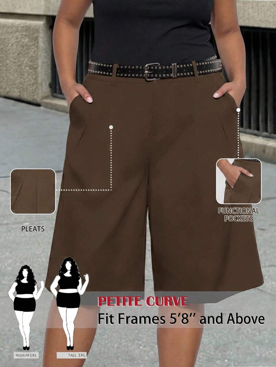 SHEIN Tall CURVE 大尺碼女款素色口袋寬鬆休閒百搭七分褲 - 棕色 - 查看 1