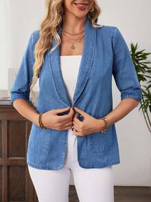 EMERY ROSE Plus Size Women Lapel Half Sleeve Casual Business Casual Denim Jacket Office Light Blue Autumn - Blue - View 5