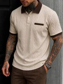 EGENSIO Men's Knitted Jacquard Solid Color Textured Apricot Texture Pattern Deep Brown Ribbed Collar And Cuffs Ribbed Two-Button White Button Polo Shirt - Apricot - View 1