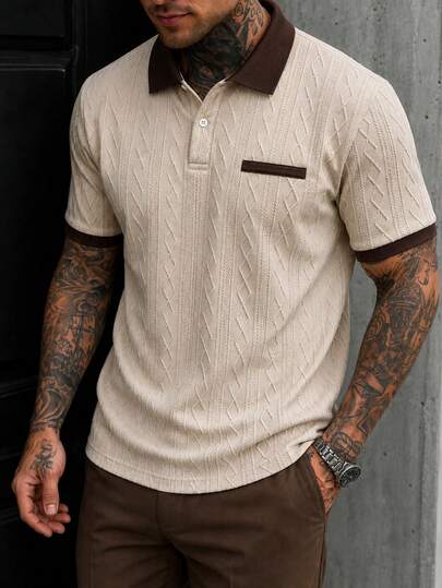EGENSIO Men's Knitted Jacquard Solid Color Textured Apricot Texture Pattern Deep Brown Ribbed Collar And Cuffs Ribbed Two-Button White Button Polo Shirt