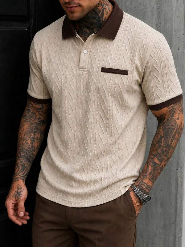 EGENSIO Men's Knitted Jacquard Solid Color Textured Apricot Texture Pattern Deep Brown Ribbed Collar And Cuffs Ribbed Two-Button White Button Polo Shirt