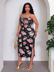 Veslaya Plus Size Women's Floral Print Elegant Waist-Cinched Party Cocktail Strap Dress Brown Gym - Multicolor - View 4