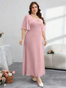 Modelyn 女款大尺碼粉色洋裝，甜美優雅 - 粉色 - 查看 5