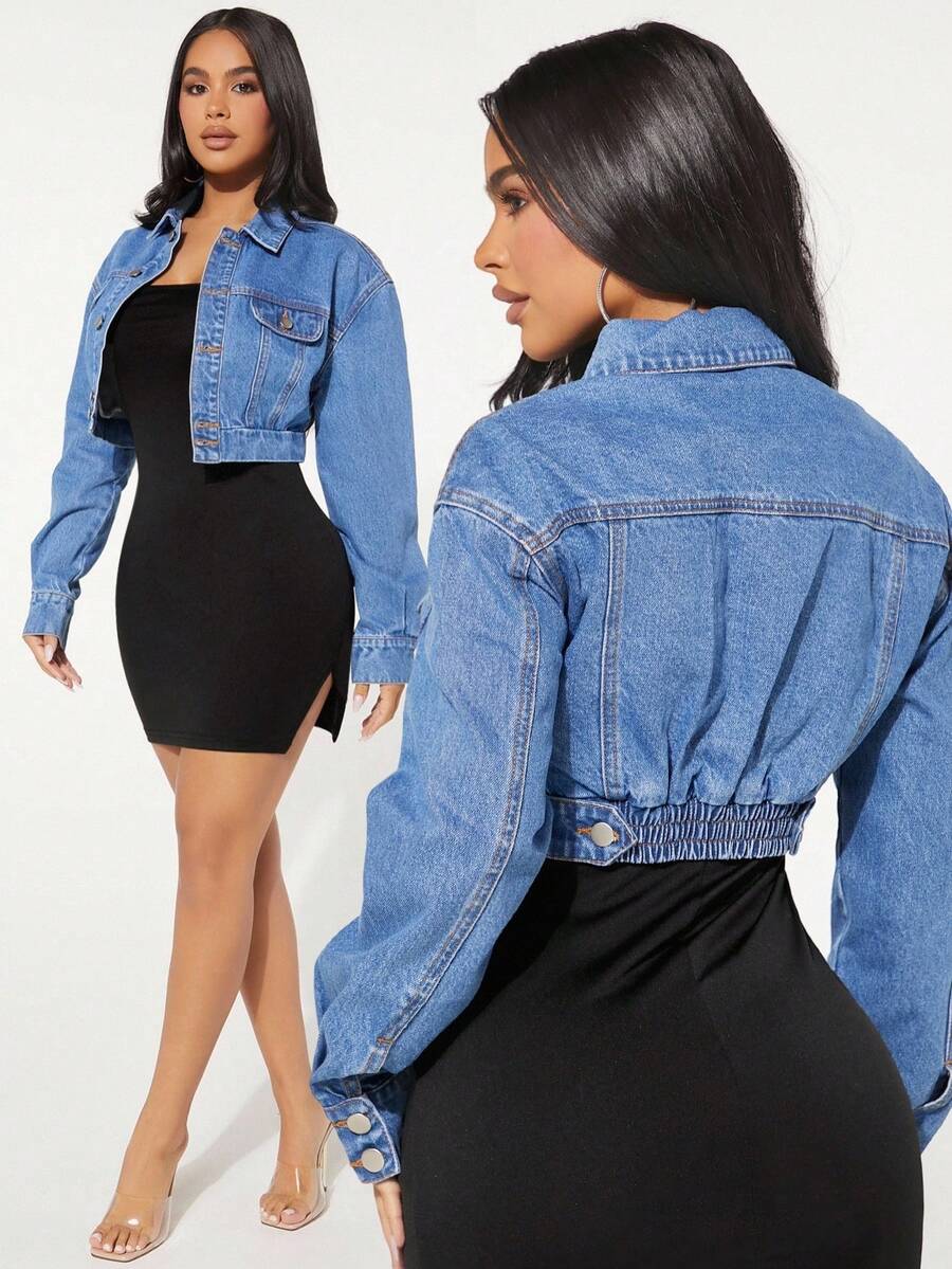 SHEIN SXY Cazadora mezclilla con diseño de solapa de hombros caídos - Lavado ligero - Ver 1