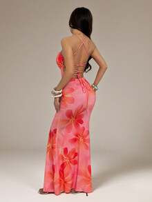 SHEIN PETITE 女士优雅芙蓉花印花露背连衣裙，夏季海滩度假装扮，波西米亚热带风情度假婚礼周年纪念伴娘派对约会性感婚礼宾客新娘送礼会白色端庄仙女风 - 彩色 - 查看 6