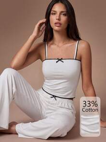 Lazeform Women's Contrast Trim Bow Decor Camisole Top And Long Pants Casual Daily Home Sleepwear Set - White - View 1
