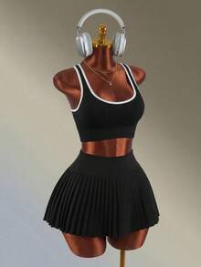 Amplova Solid Color Knit Pleated Sports Skirt/Shorts - Black - View 7