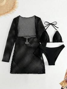 Swim SXY 3pcs Women's Summer Beach Vacation Hoop Detail Halter Bikini Set And Cover Up Dress - Black - View 3