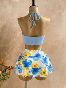 Soleia Orange Halter Top & Printed Mini Skirt 2 Pieces Set, Women Vacation Outfit - Blue - View 2