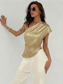 Aloruh Women's Fashionable Commuter Asymmetric Collar Metal Blouse, Summer,Summer Top - Gold - View 6