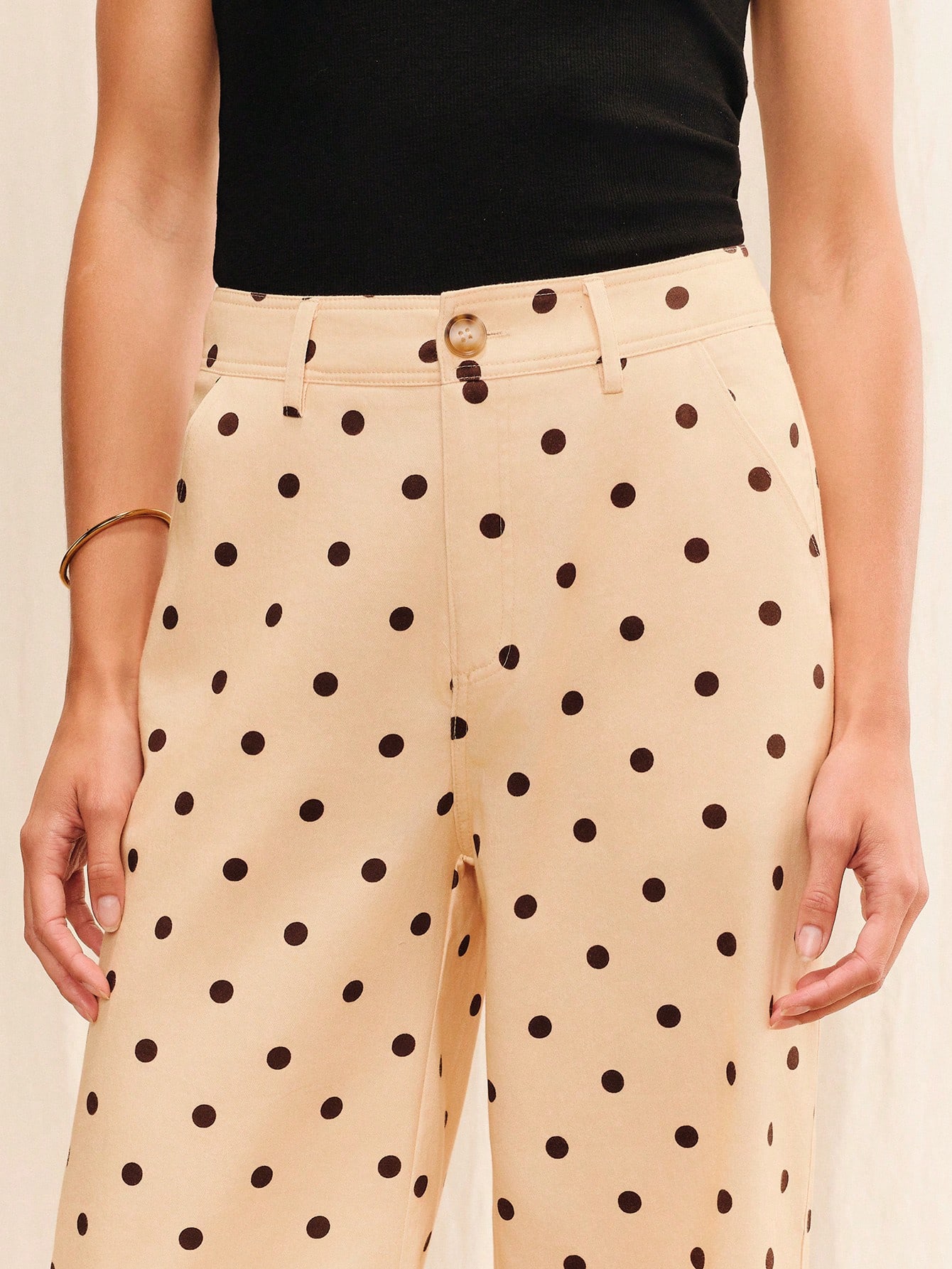 Cream Polka Dot Ankle Lenghth Wide-Leg Pants Summer Cute Pants Holiday Work French Style