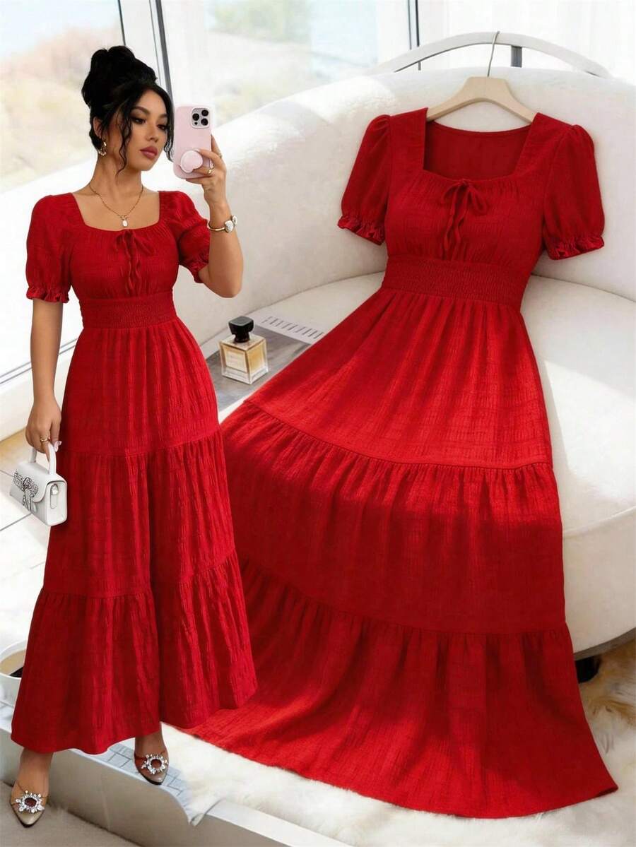 Elenzga Women's Elegant Waist Tie Petal Sleeve Dress, Summer - Red - View 1