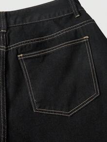 ROMWE Street Life PUNK Vintage Distressed Ultra Low Waist Hand-Written English Embroidery Curved Leg Jeans - Black - View 4