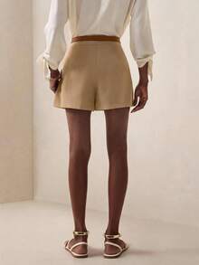 Briarwyn Women's Minimalist Summer Commute Folded Pleated Diagonal Pocket Shorts - Khaki - View 3